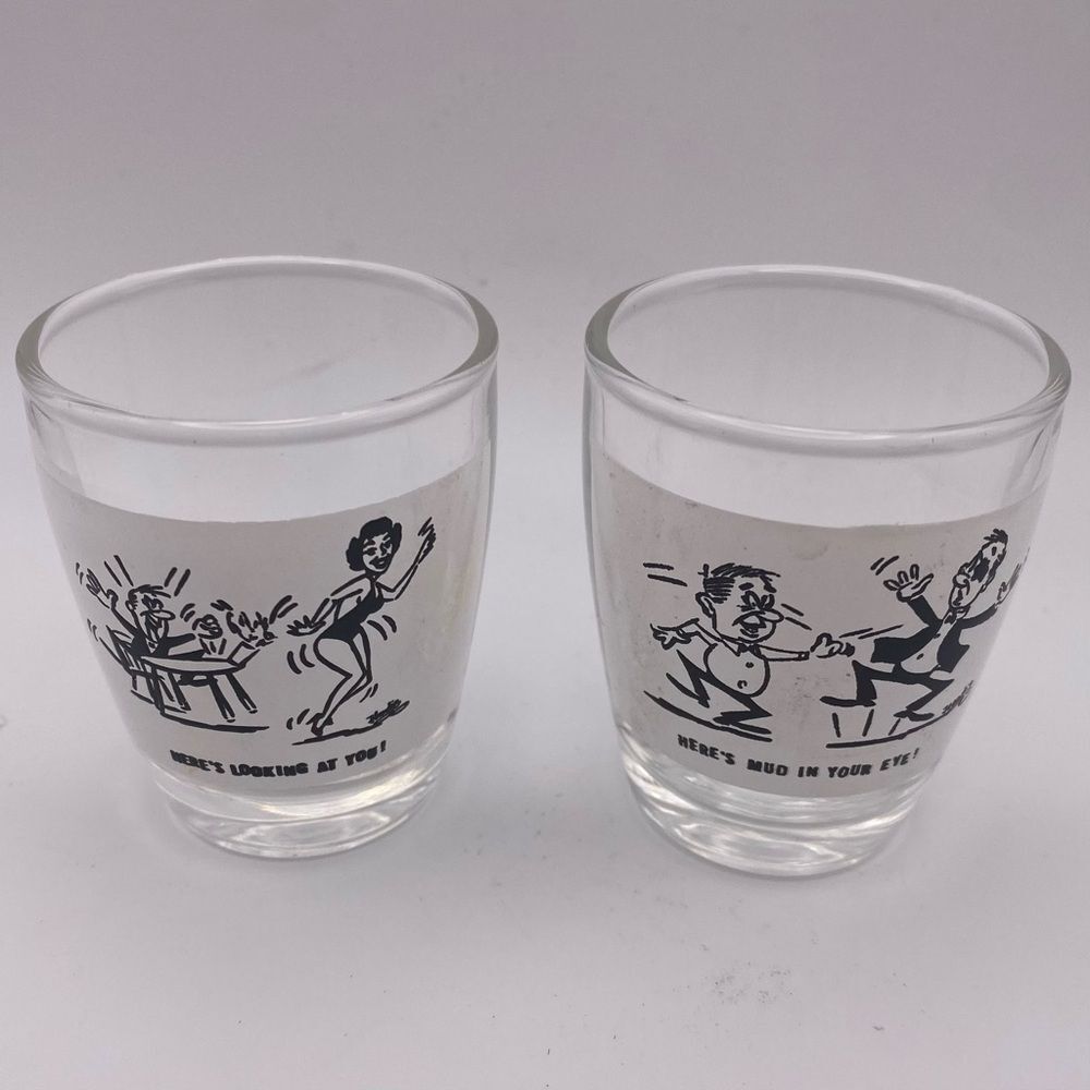 Vintage Anchor Hocking Funny Shot Glasses – Novelty Barware Set of 2